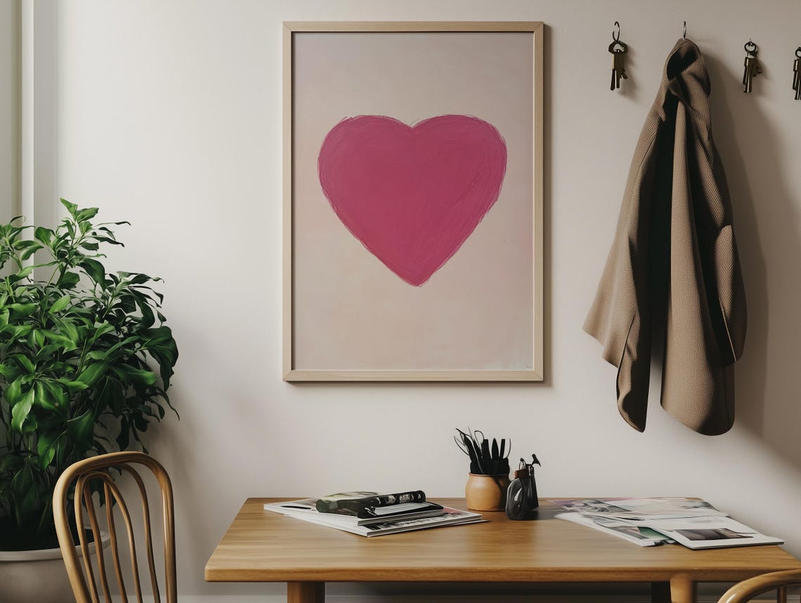 Girly Pink Crayon Heart Hand Drawn Retro Dorm Wall Art Decor Aesthetic - Image 3