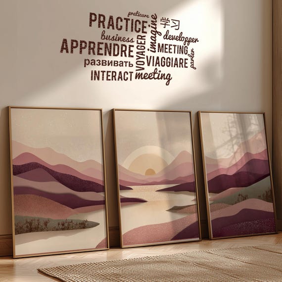 Set Of 3 Mountain River Prints Burgundy Beige Landscape Wall Art Minimalist Nature Poster For Modern Home Decor