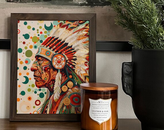 Tribal Chief Wall Art Traditional Headdress Portrait Indigenous Painting Spiritual Leader Cultural