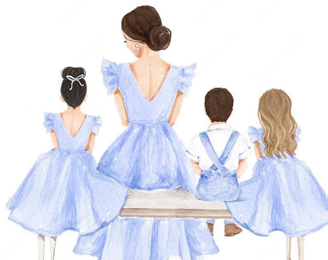 Mother with Three Children in Blue Outfits Sitting on Bench Poster