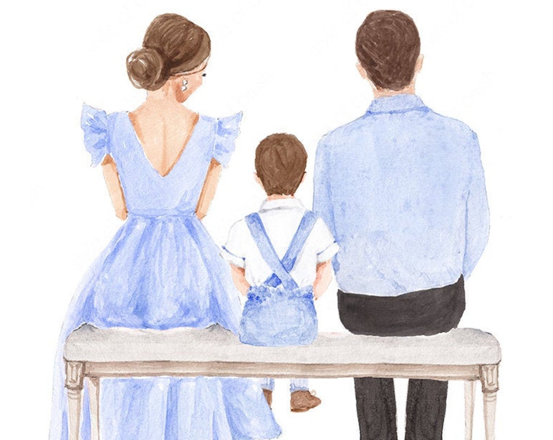 Mother Father and Son in Blue Outfits Sitting on a Bench Poster