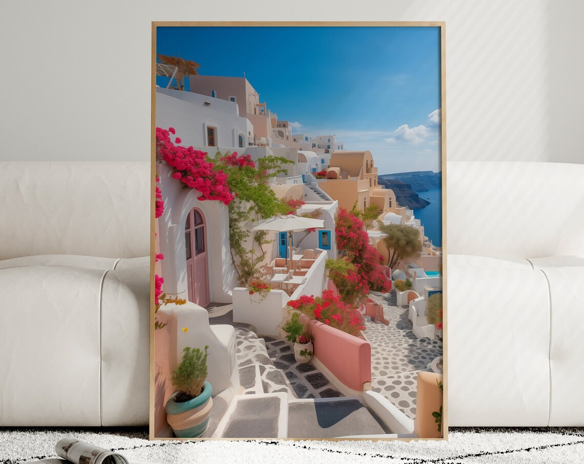 Santorini White Alley Pink Bougainvillea Blue Doors Photo Poster