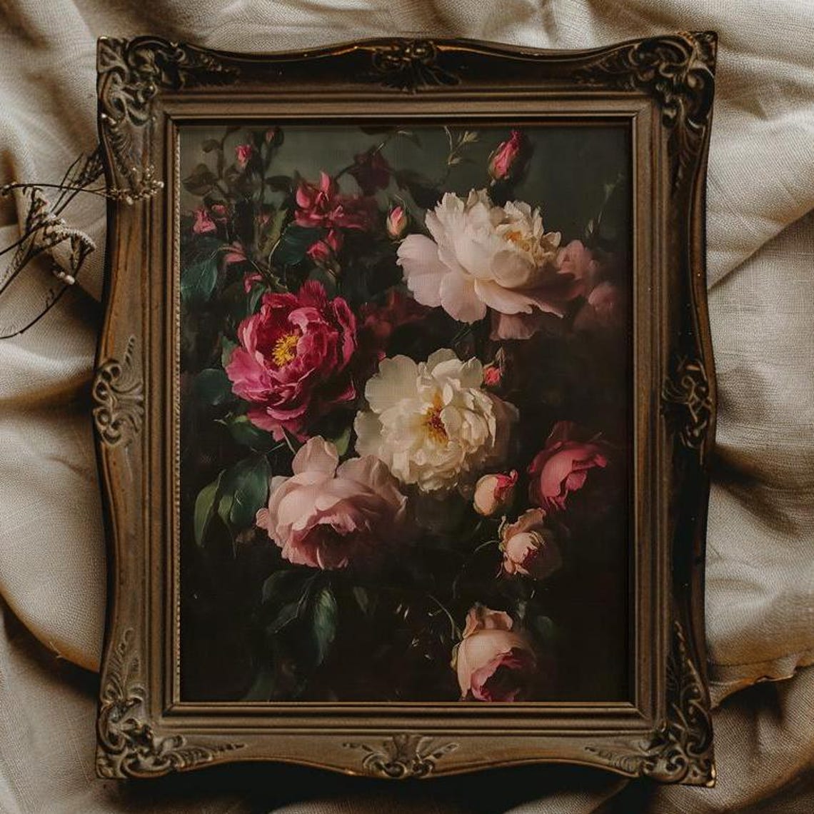 Moody Deep Pink and Ivory Peonies Dark Floral Still Life Poster - Image 4