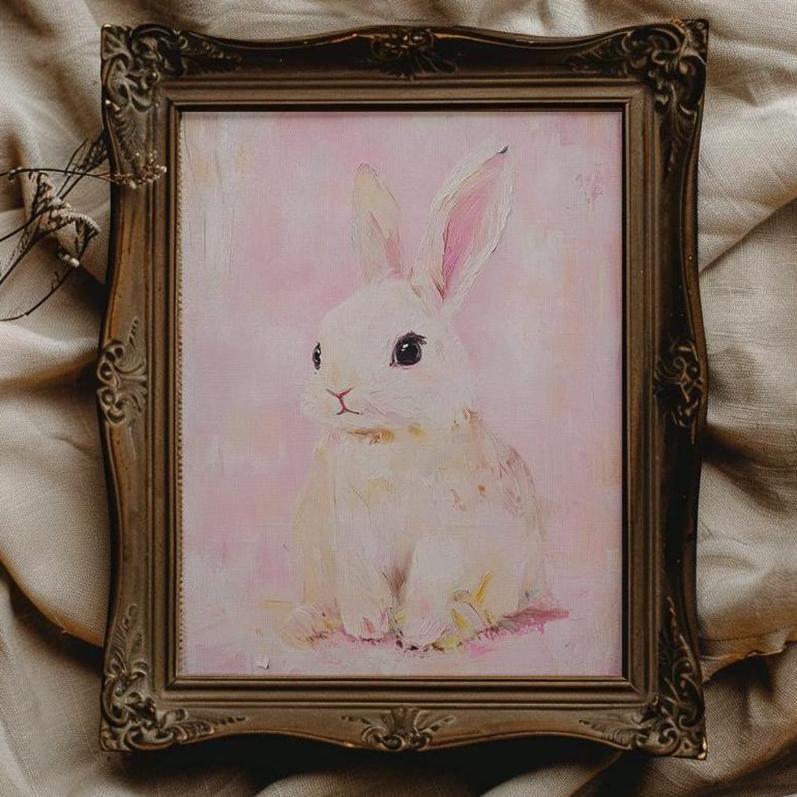 White Bunny on a Soft Pink Background Nursery Painting Poster