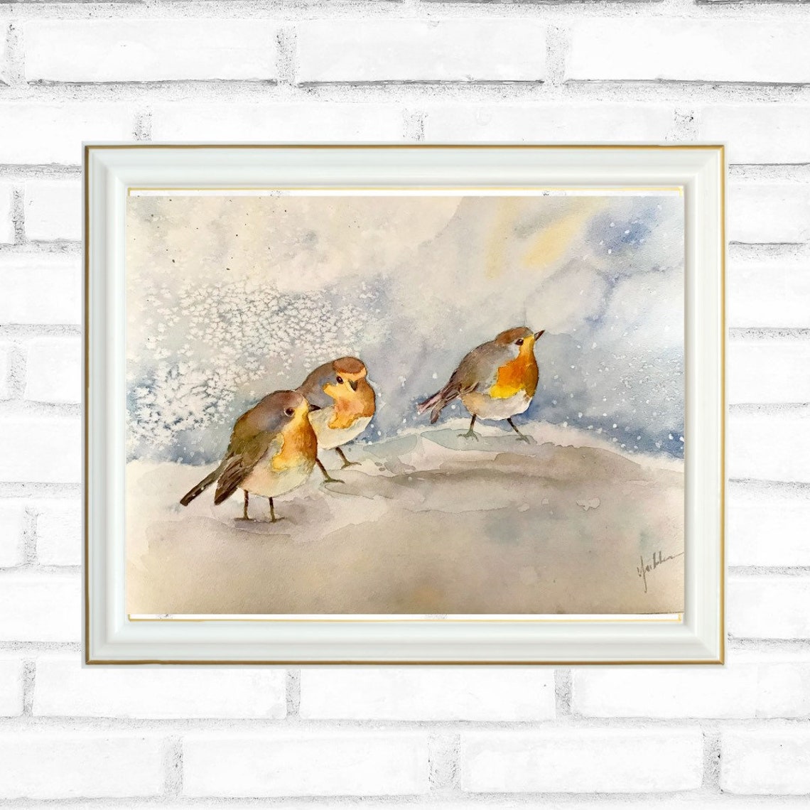 Three European Robins in Falling Snow Watercolor Winter Poster - Image 2