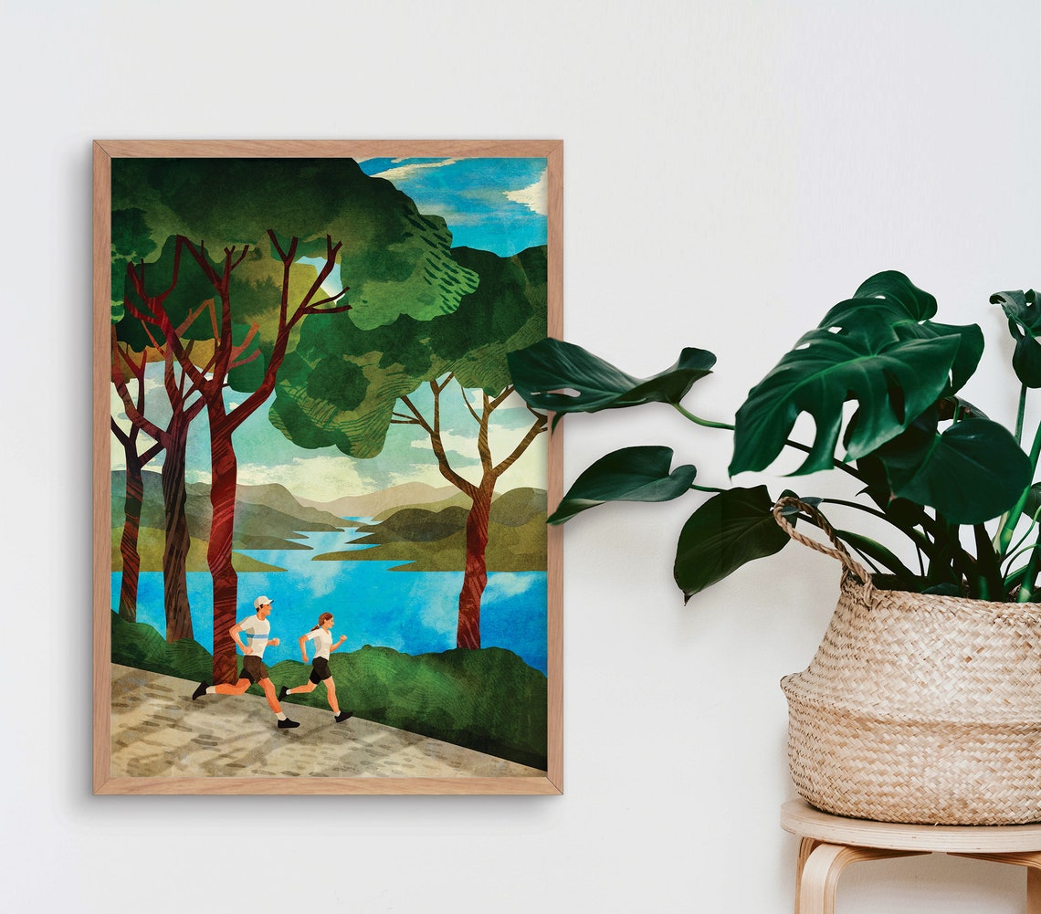 Runners Art Print, Trail Running By The Lake - Image 4
