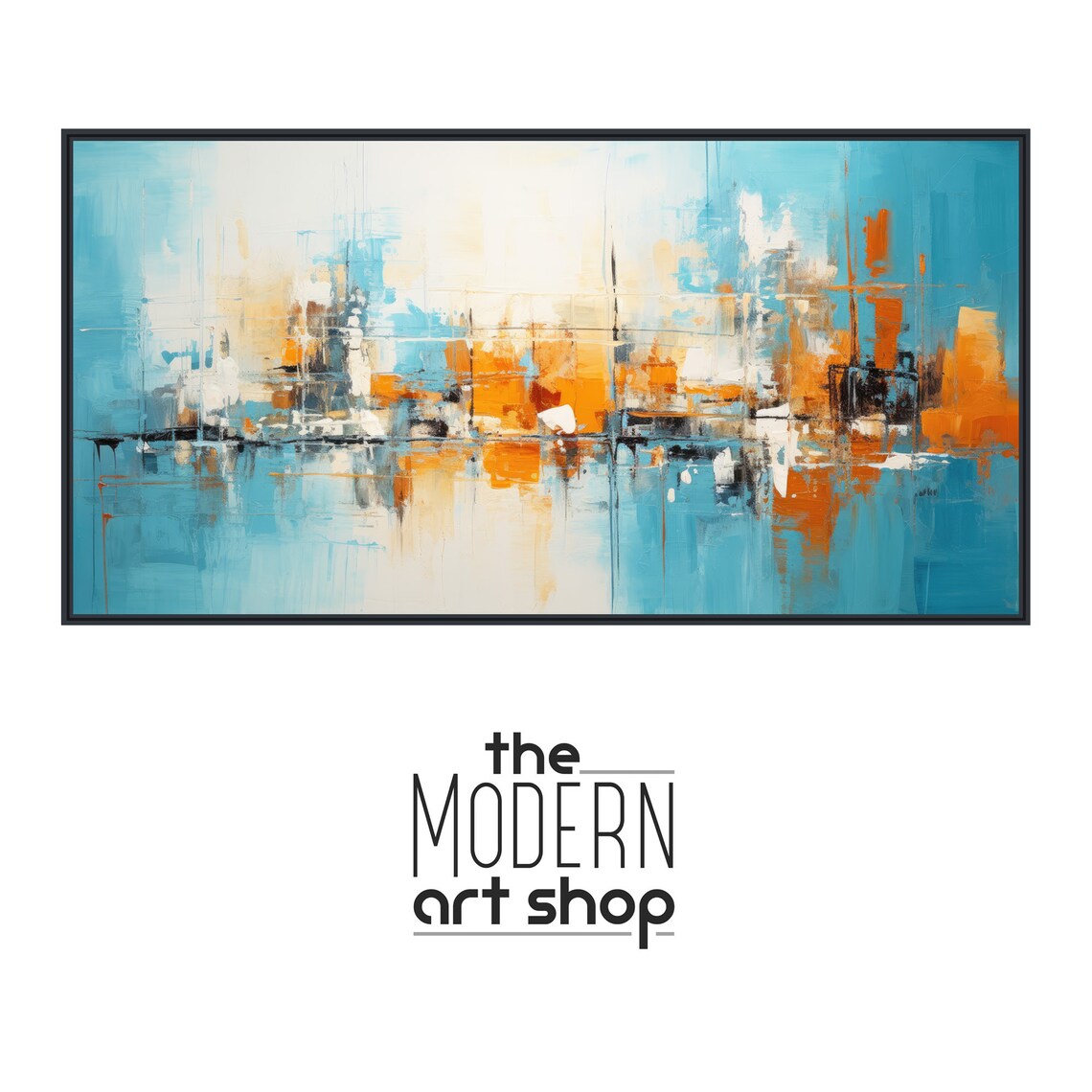 Large Abstract Wall Art Framed Print Modern Abstract Painting Blue And Orange Panoramic Artwork Echo Fathom - Image 4