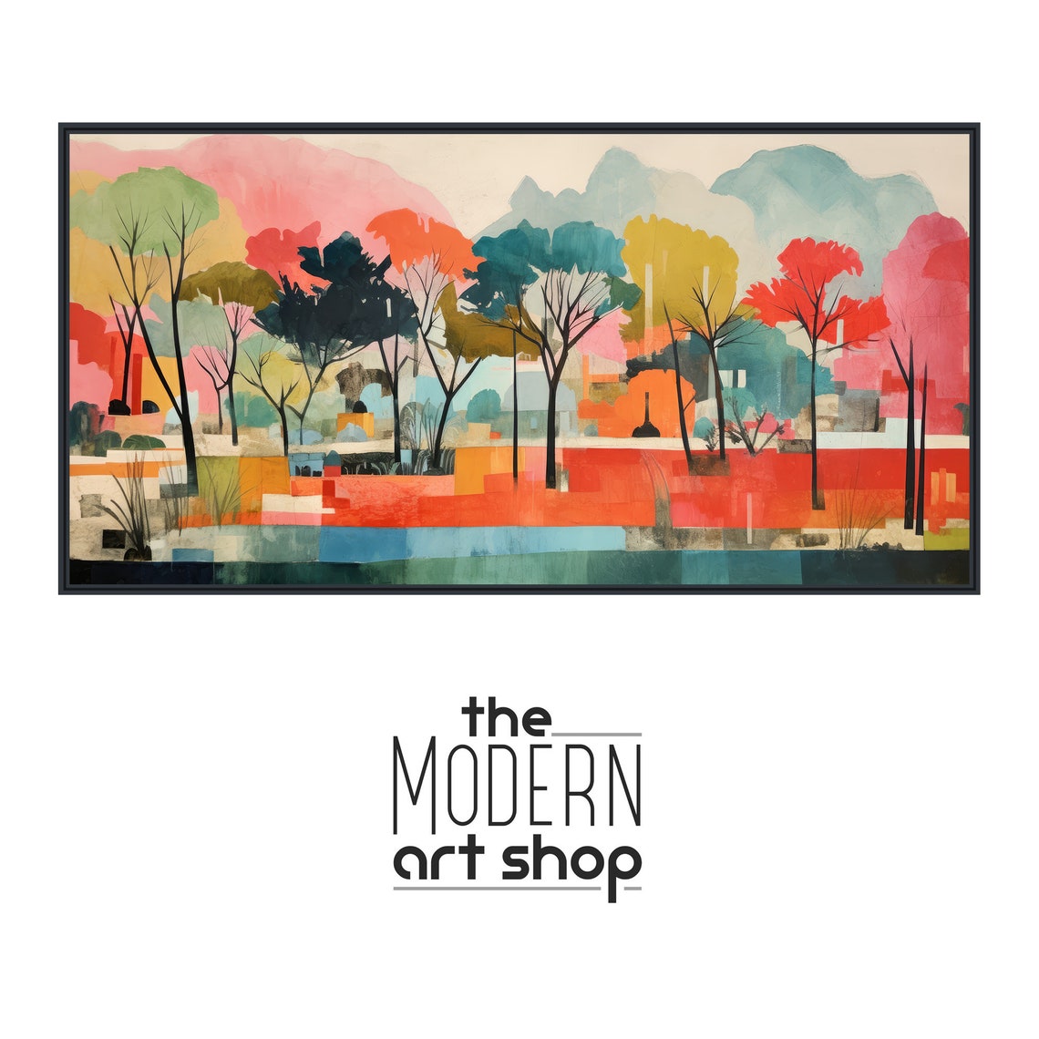 Colorful Pastel Landscape Painting Large Abstract Wall Art Framed Print Boho Tropical Forrest Pinks Teals Vibrant Park - Image 4