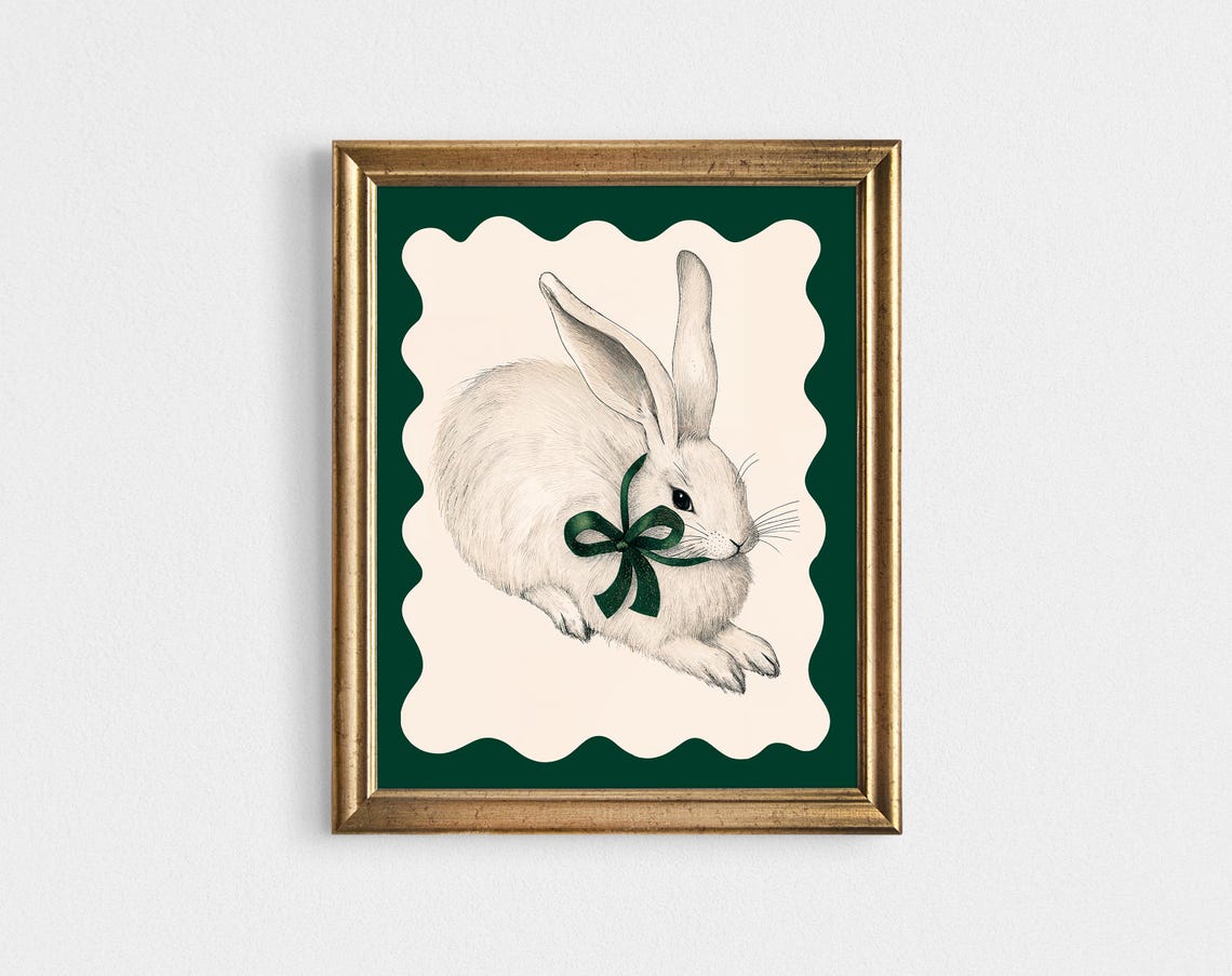 White Rabbit With Green Bow Vintage Bunny Illustration Nursery Print - Image 2