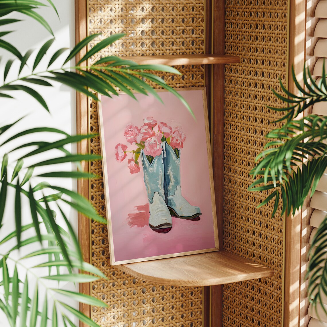 Pink Cowboy Boots with Pink Roses Vintage Oil Painting Poster - Image 2
