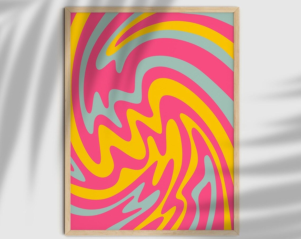 Retro 70s Groovy Pink Yellow Teal Wavy Swirl Abstract Poster