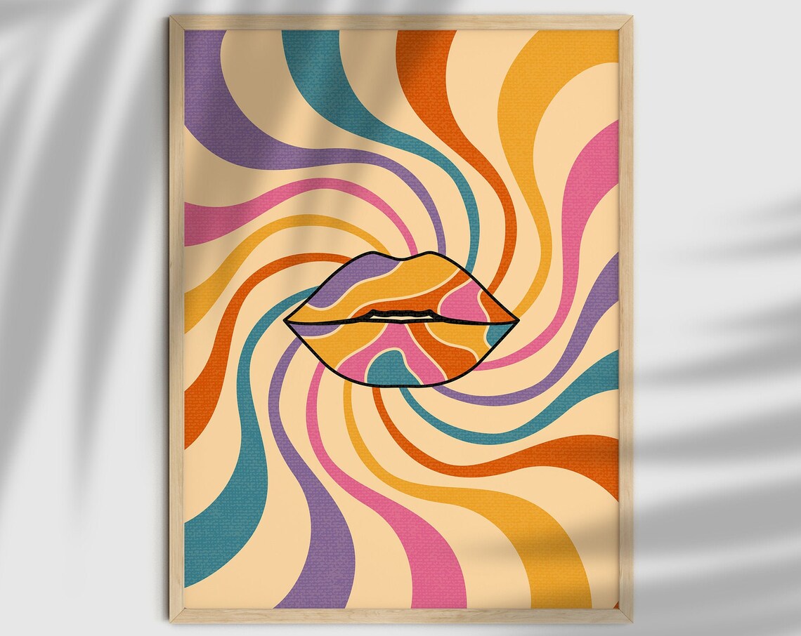 Psychedelic Colorful Lips Groovy Wavy Retro 70s Style Poster