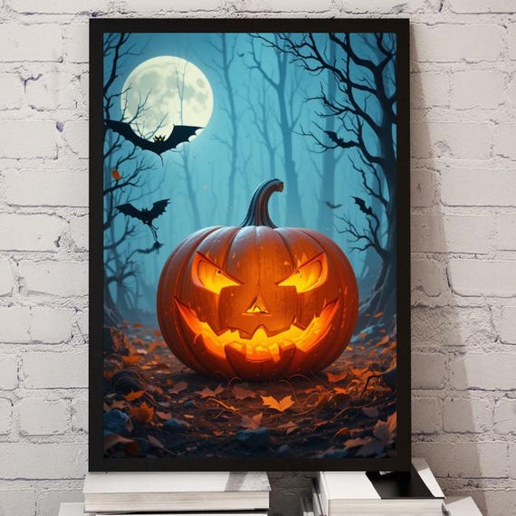 Glowing Jack O Lantern Pumpkin Under Moonlight Spooky Halloween Poster