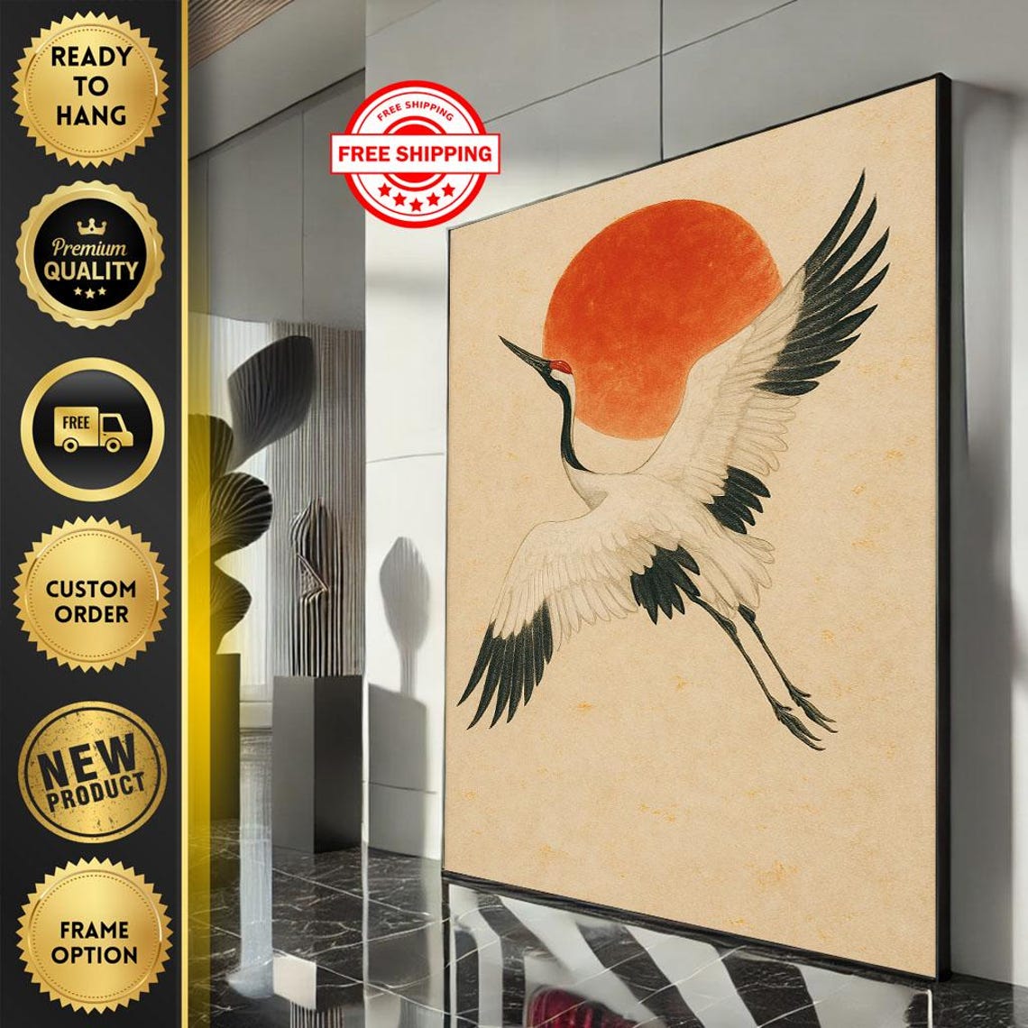 Red Crowned Crane Red Sun Vintage Japanese Paper Decor Poster