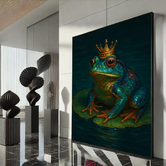 Whimsical Frog King Canvas Wall Art Print Bold Modern Living Room Decor Statement Piece