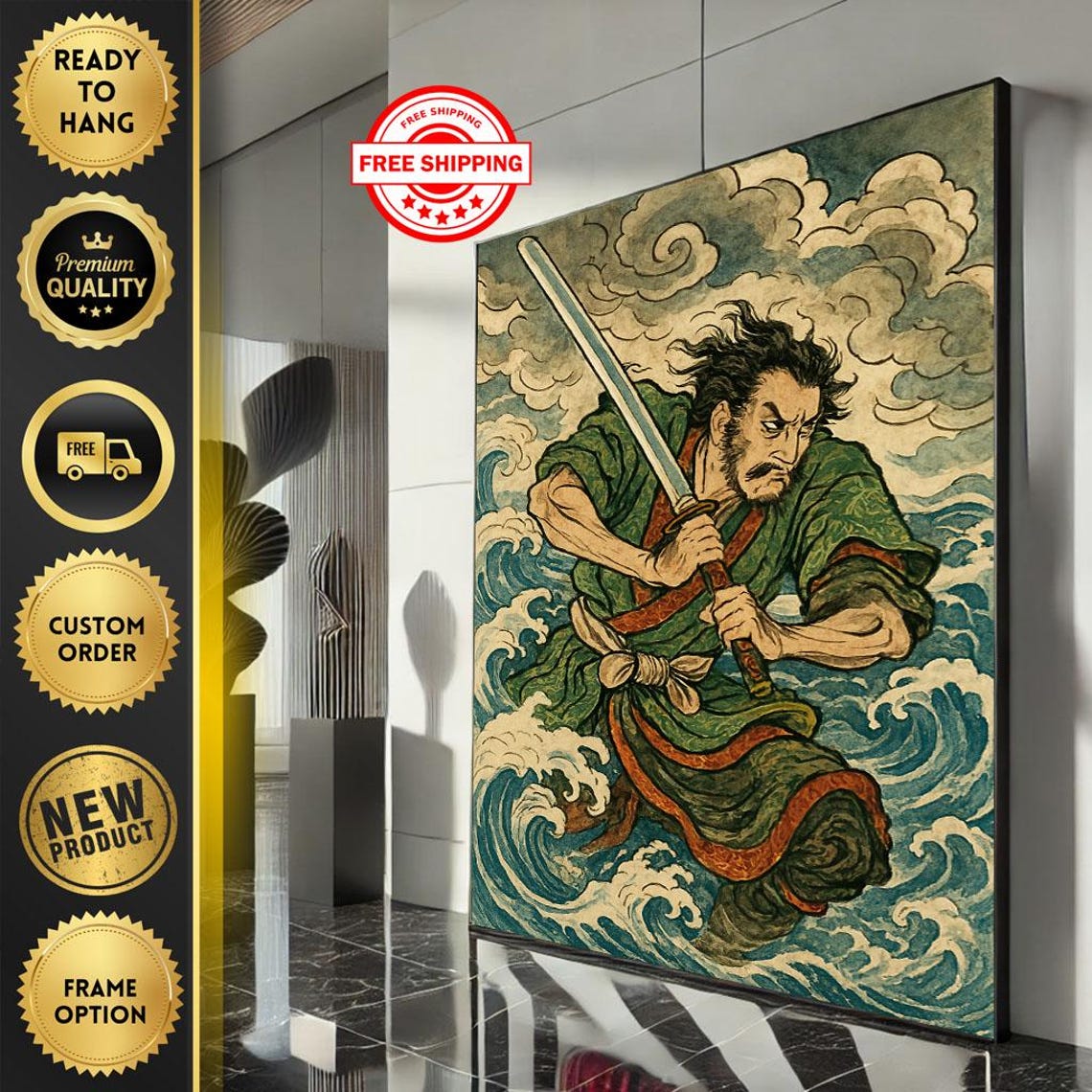 Samurai Warrior Waves Ukiyo E Japanese Battle Vintage Art Poster