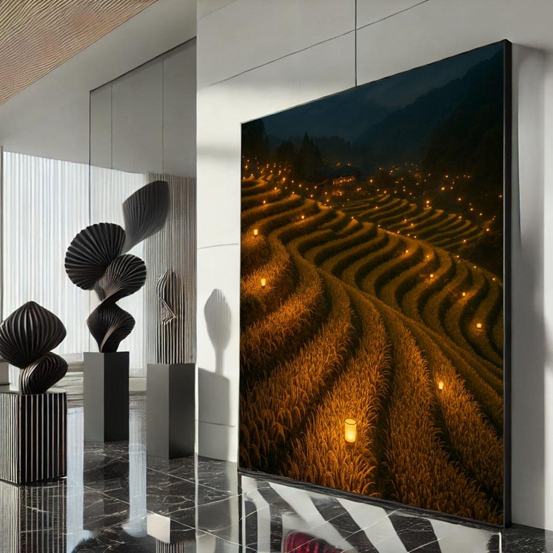Golden Terraced Rice Fields Night Lanterns Countryside Scene Poster