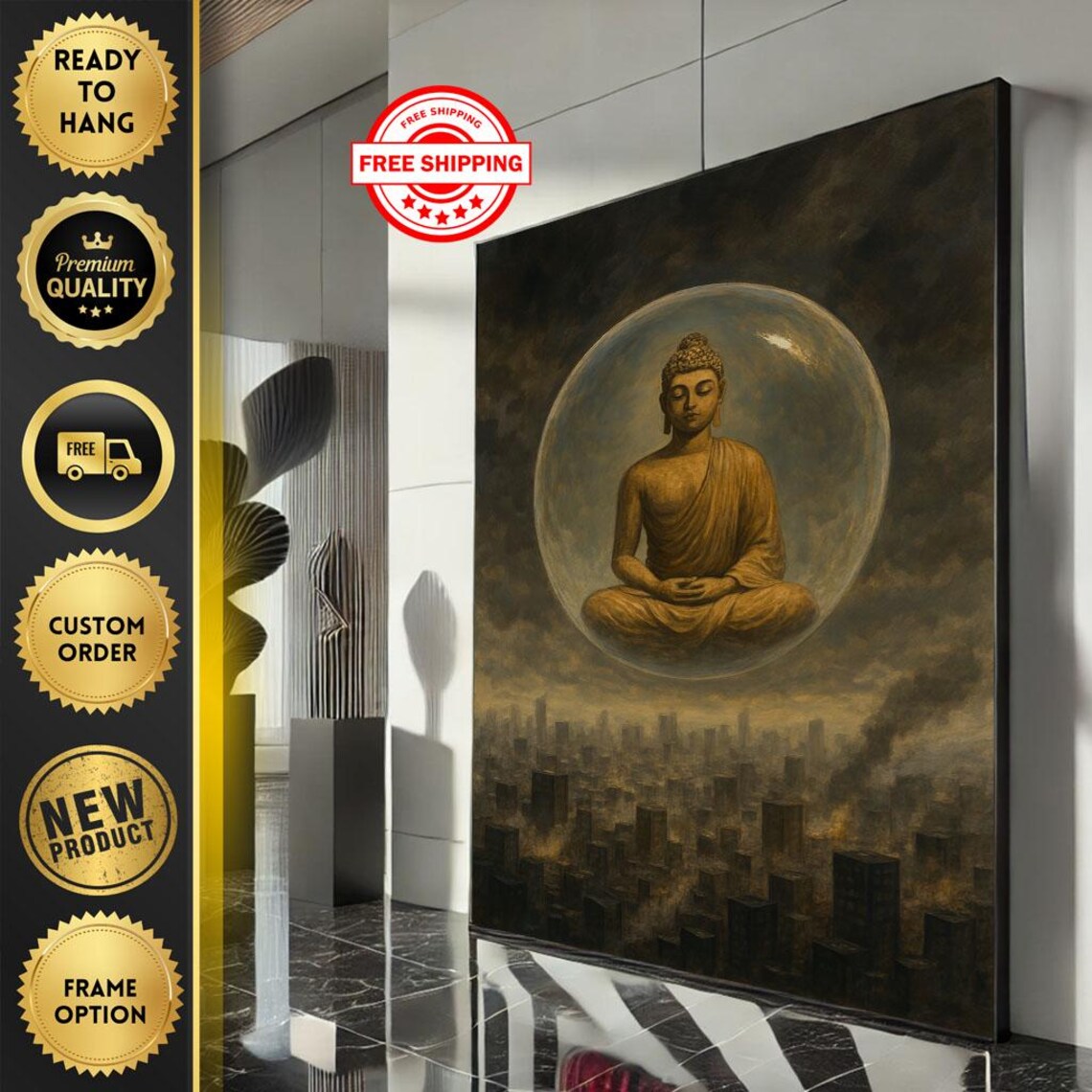 Buddha Meditation Glass Orb Night City Surreal Dreamy Zen Poster