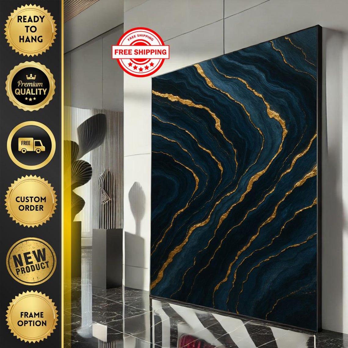 Dark Navy Blue and Gold Abstract Waves Marble Luxury Art Poster
