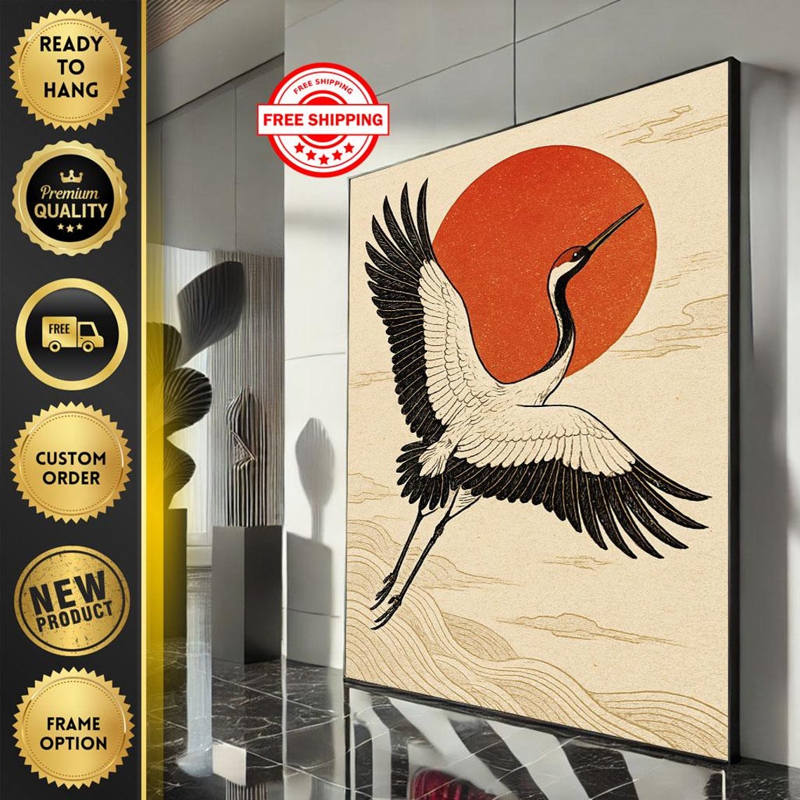 Black And White Crane Soaring Past Red Sun Japanese Art Poster