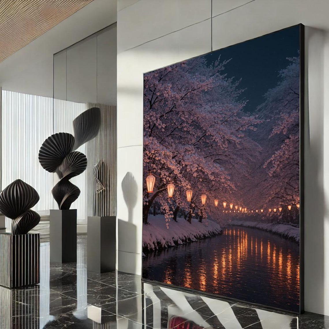 Cherry Blossom Night Glowing Lanterns Snowy River Scene Poster