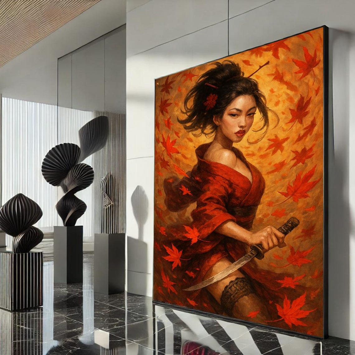 Elegant Samurai Woman Canvas Wall Art Print Bold Red Orange Living Room Decor Statement Piece