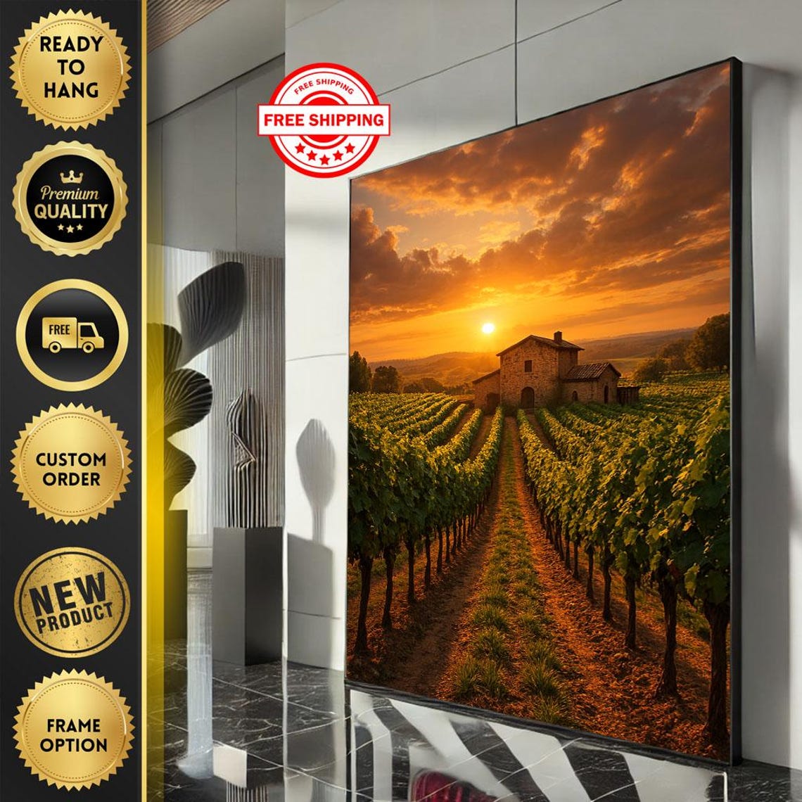 Sunset Over A Vineyard With Stone Farmhouse Among Rows Poster