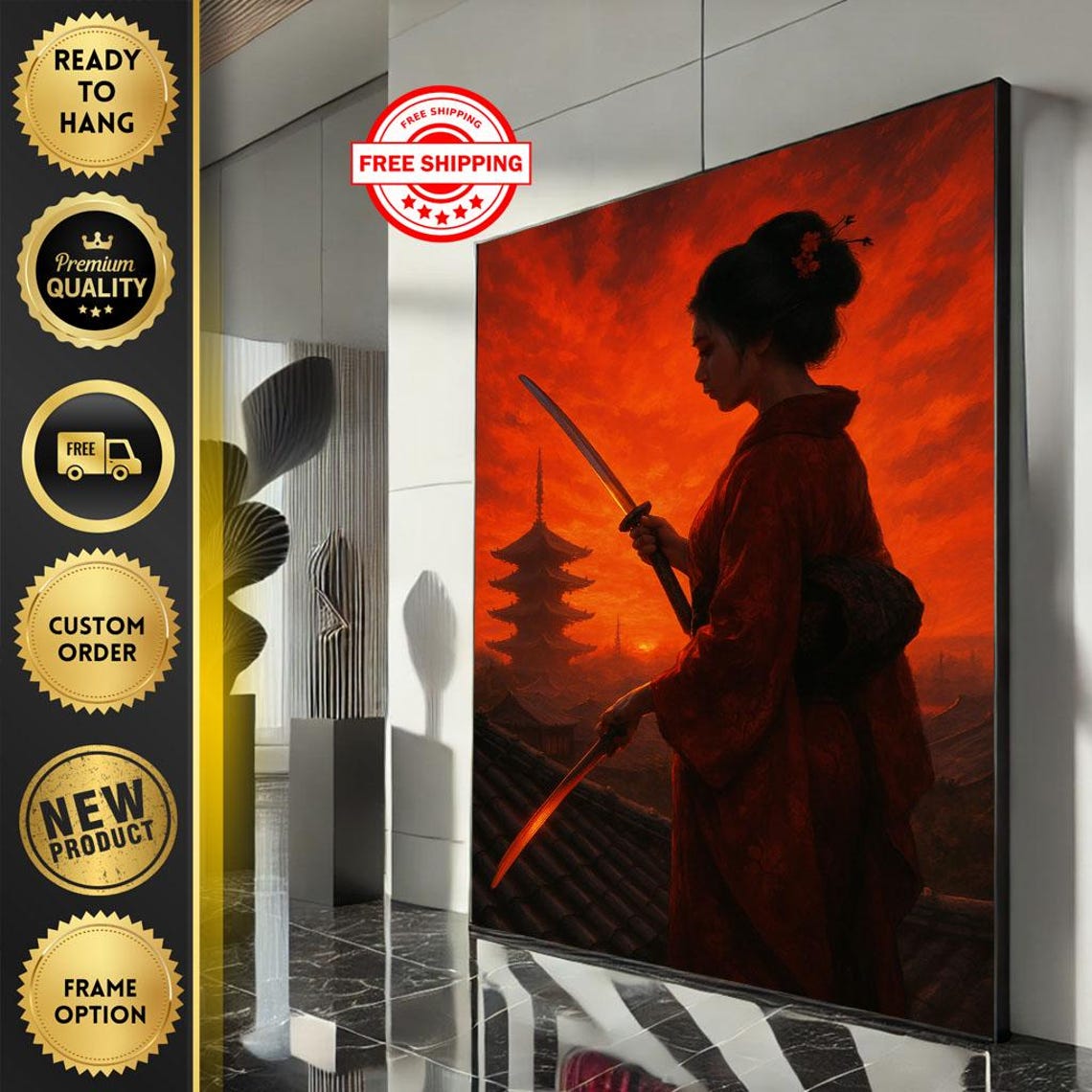 Elegant Samurai Woman Canvas Wall Art Print Bold Red Living Room Decor Statement Piece