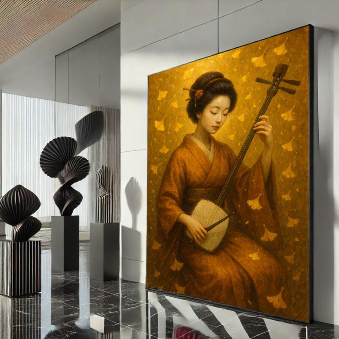 Geisha Playing Shamisen Golden Ginkgo Leaves Autumn Music Poster