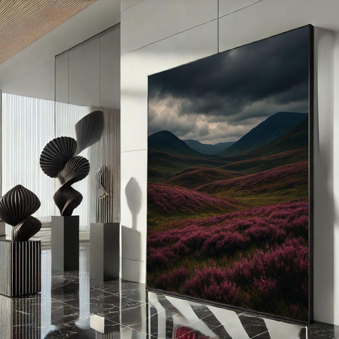 Purple Heather Hills Under a Moody Stormy Mountain Sky Poster