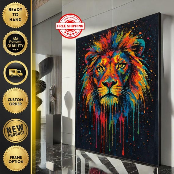 Vibrant Lion Portrait Canvas Wall Art Print Abstract Living Room Decor Ready To Hang Statement Piece