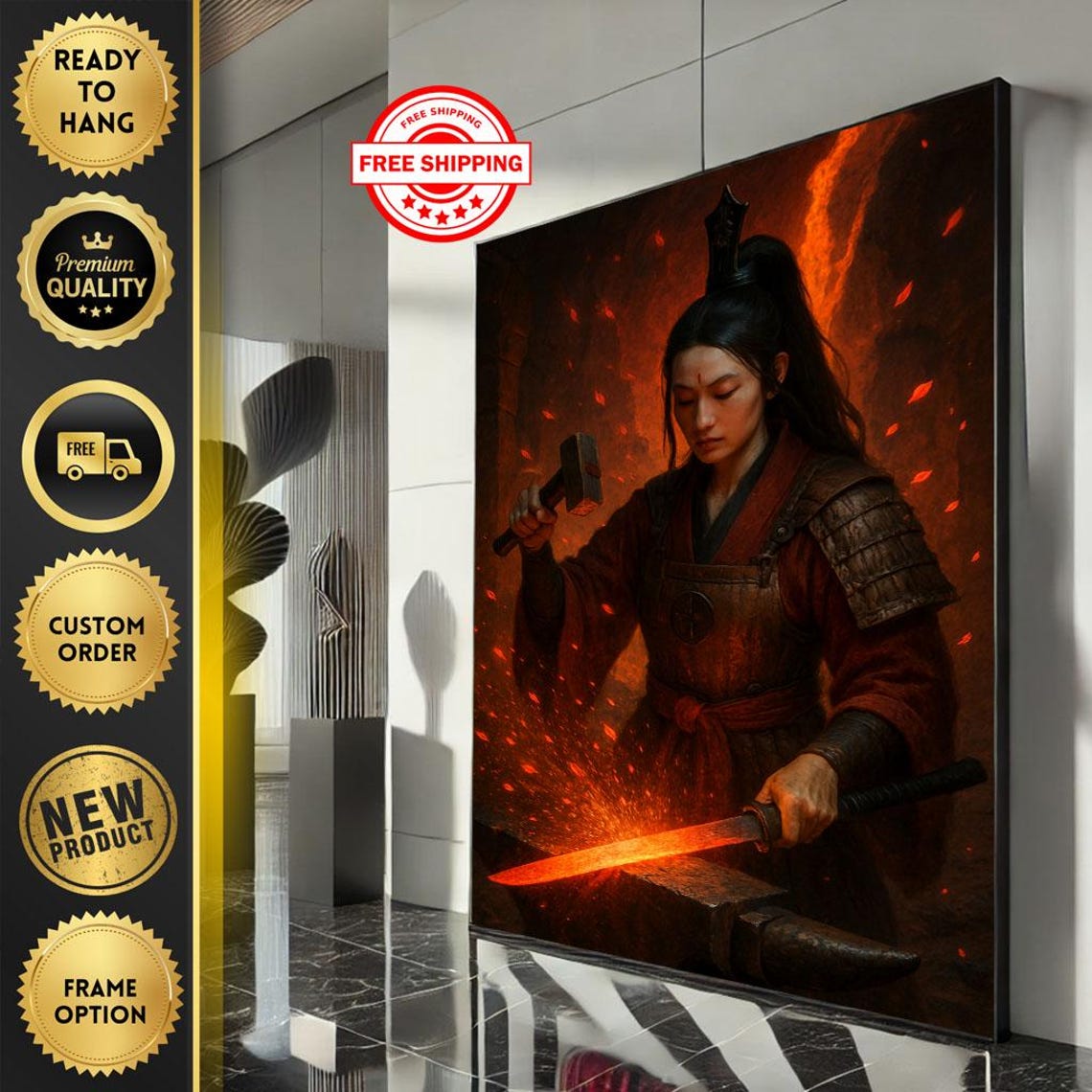 Warrior Woman Forging Sword Canvas Wall Art Print Fiery Red Living Room Decor Bold Statement Piece