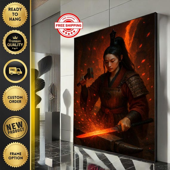 Warrior Woman Forging Sword Canvas Wall Art Print Fiery Red Living Room Decor Bold Statement Piece