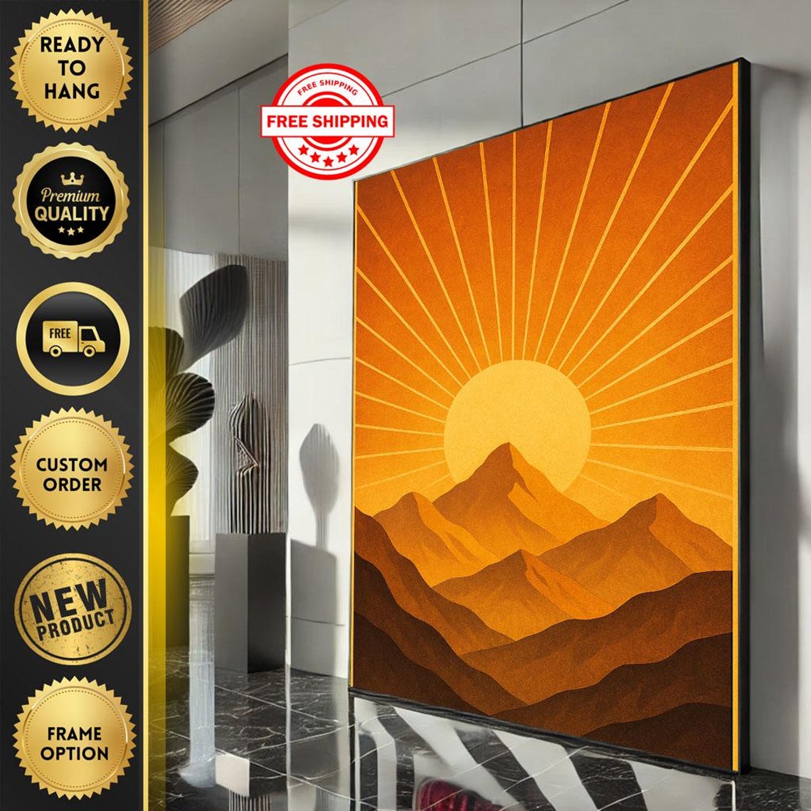 Retro Sunburst Over Layered Mountains in Orange Sunset Poster
