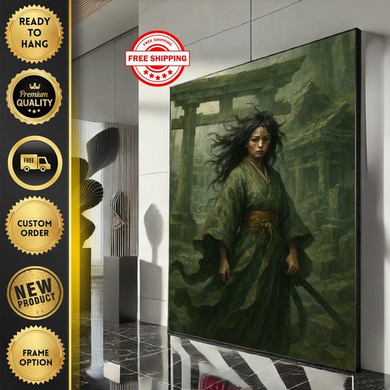Intense Samurai Warrior Canvas Wall Art Print Moody Green Tones Living Room Decor Ready To Hang