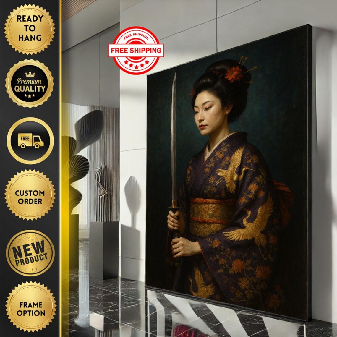 Japanese Woman Katana Dark Crane Kimono Warrior Portrait Poster