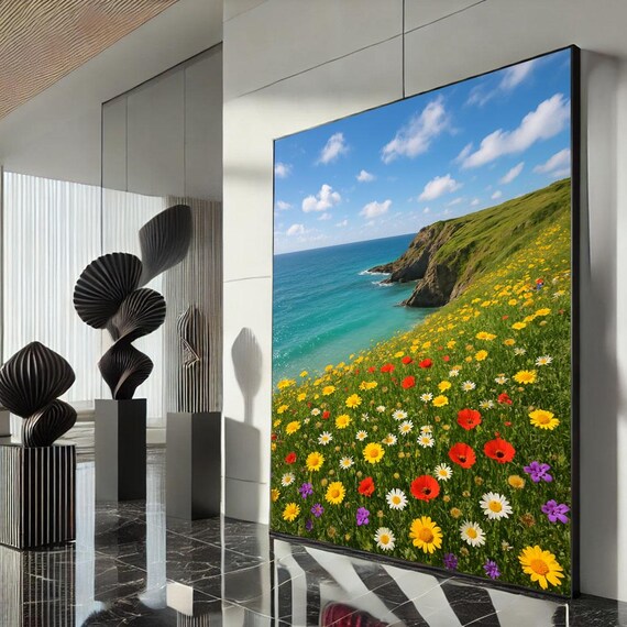 Coastal Wildflower Meadow Above Blue Sea Cliffs Spring Poster
