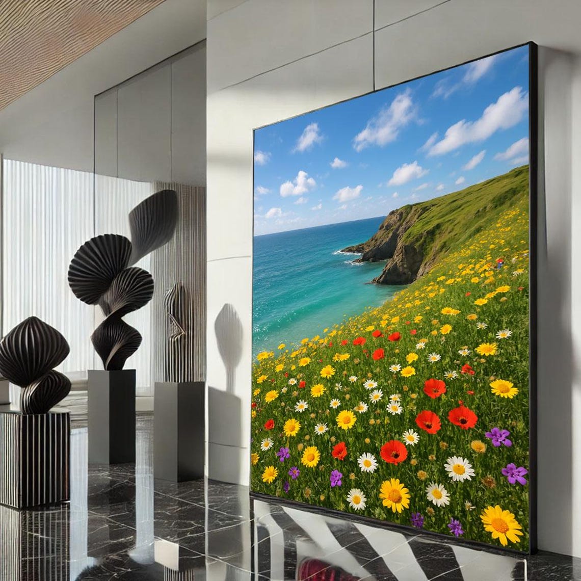 Coastal Wildflower Meadow Above Blue Sea Cliffs Spring Poster