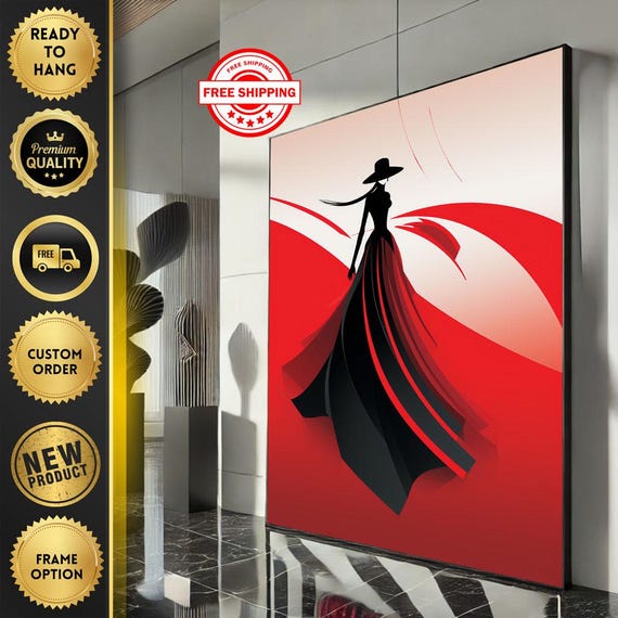 Elegant Fashion Woman Silhouette Canvas Wall Art Print Red And Black Living Room Decor Ready To Hang
