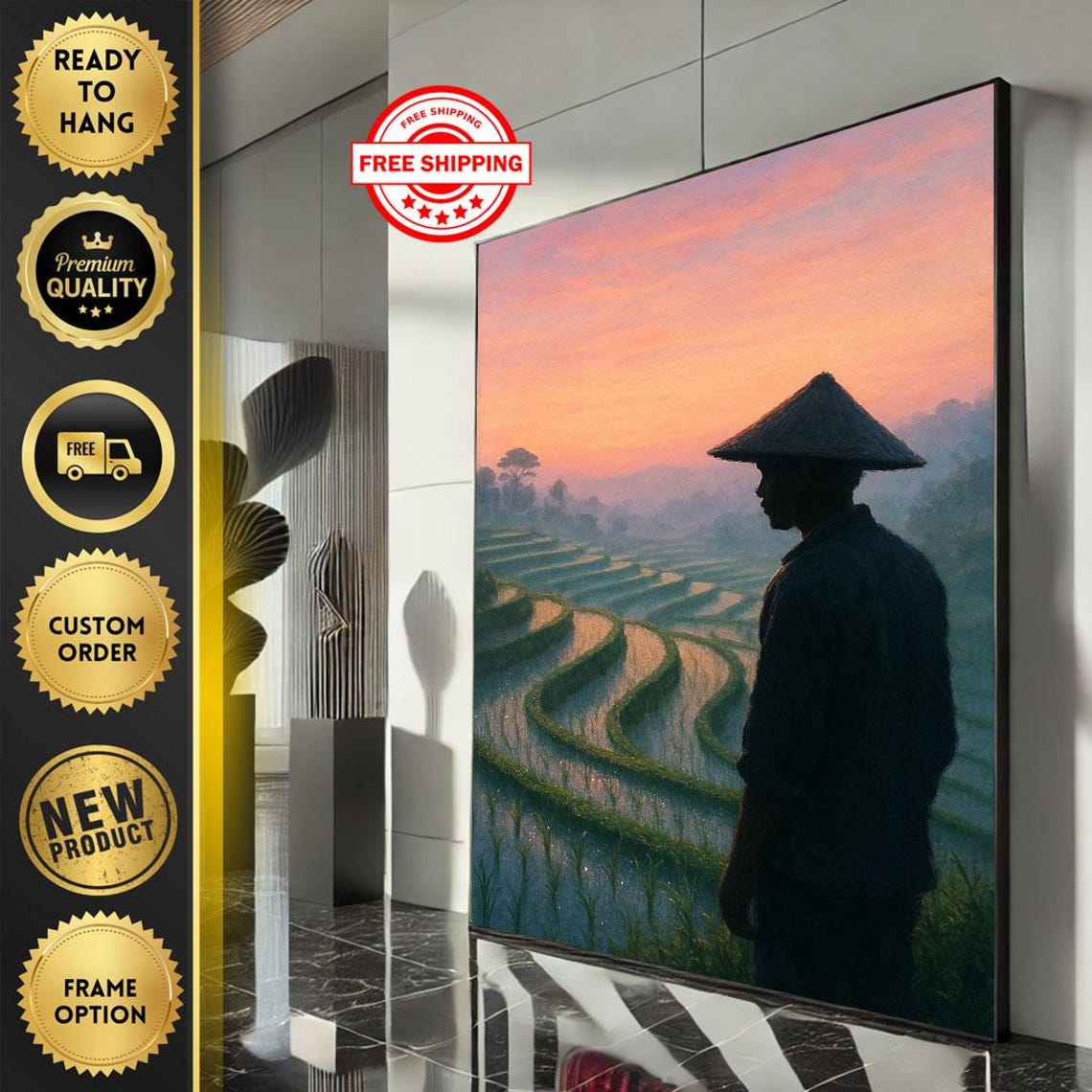Farmer Silhouette Overlooking Rice Terraces At Sunset Asia Poster