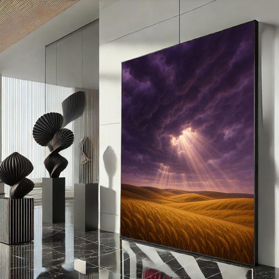 Dramatic Wheat Field At Sunset Canvas Wall Art Print Modern Landscape Living Room Decor Statement Piece