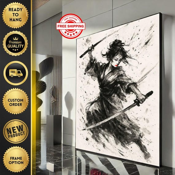 Bold Samurai Warrior Canvas Wall Art Print Dynamic Black And White Living Room Decor Ready To Hang
