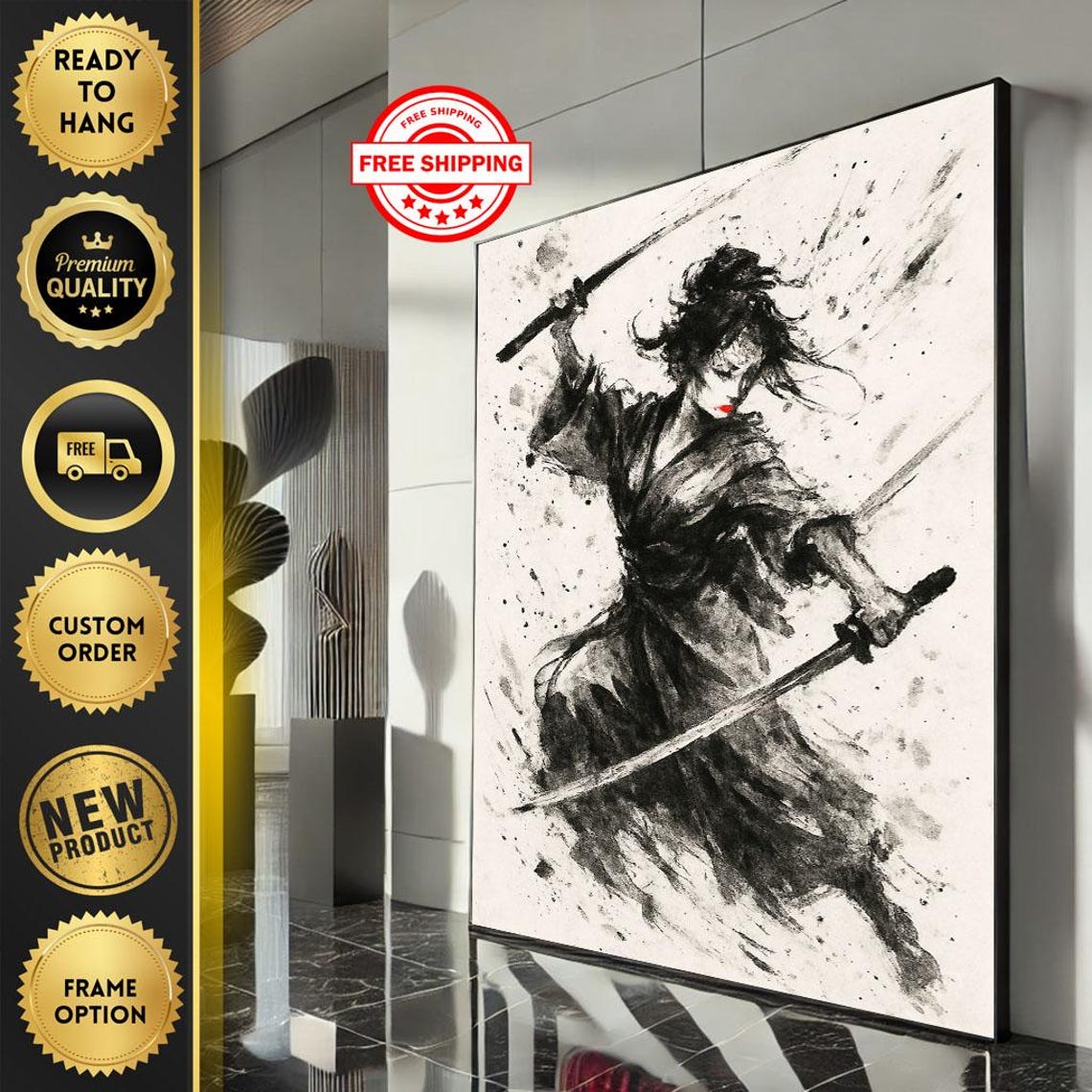 Ink Wash Samurai Woman Attacking Black White Sumi E Art Poster