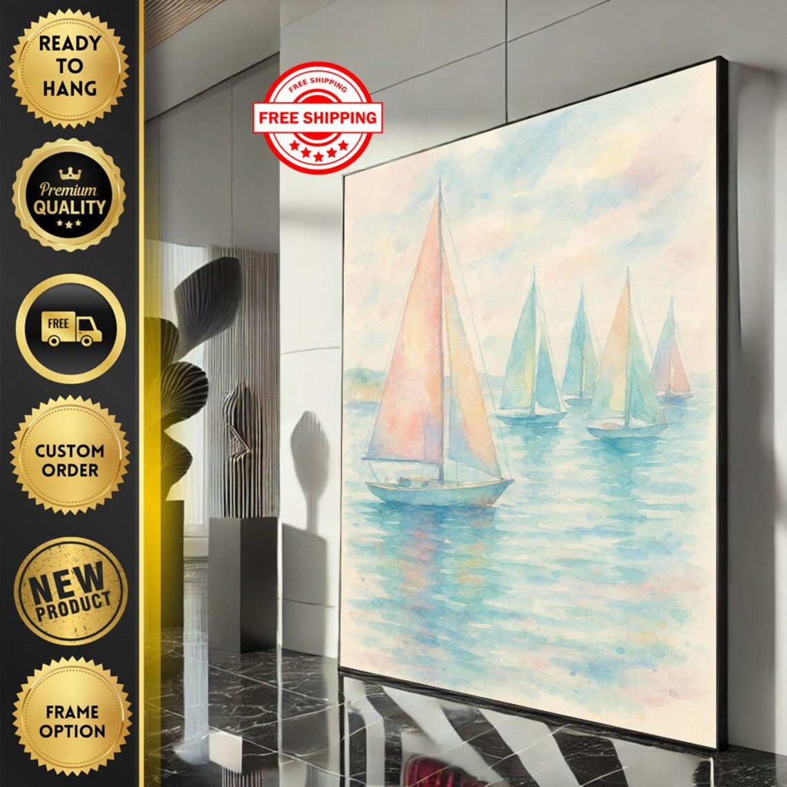 Pastel Watercolor Sailboats on Calm Sea Serene Nautical Poster