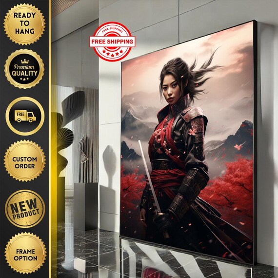 Armored Samurai Woman Cherry Blossom Art Epic Mountain Sword Legend Poster