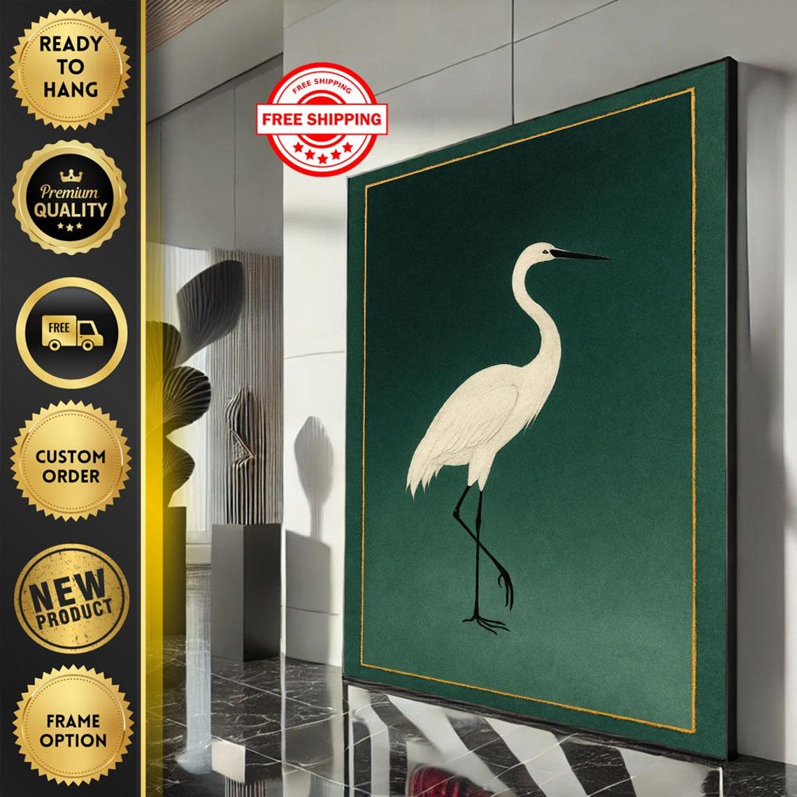 White Egret Heron Standing on Deep Green Minimalist Bird Poster