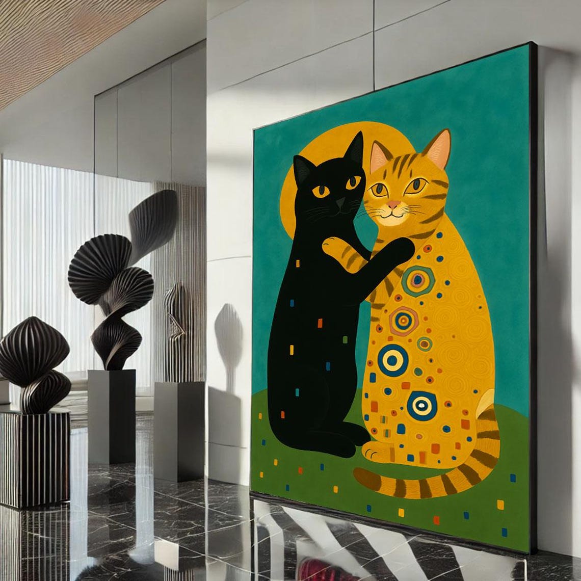 Cat Couple Hugging Whimsical Moon Art Cats Lover Funny Poster