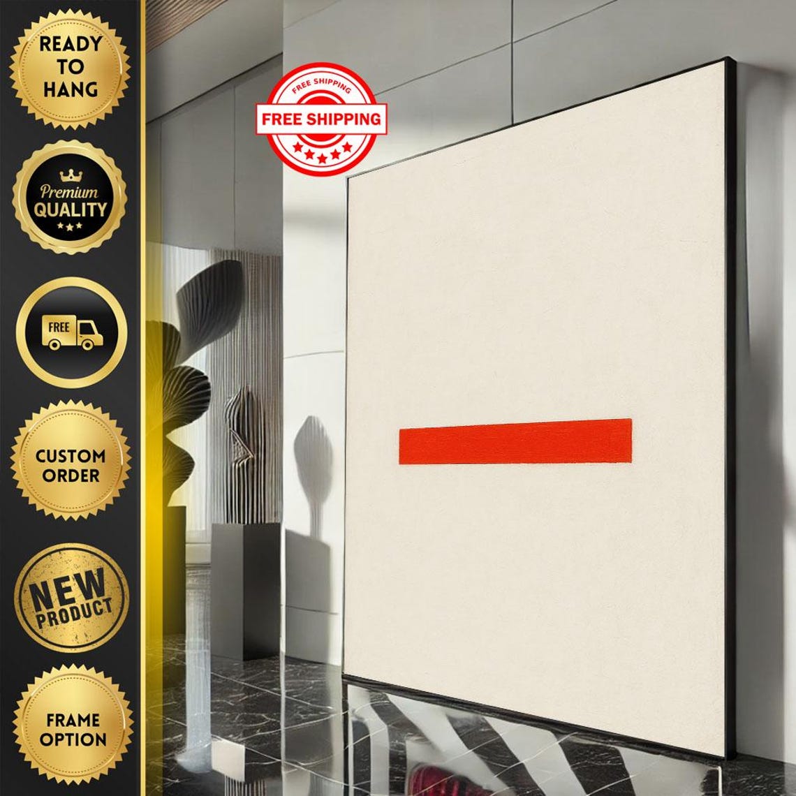 Minimalist Red Stripe Cream Canvas Modern Abstract Statement Poster