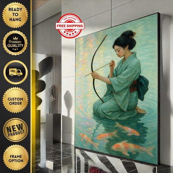 Serene Japanese Woman With Bow Canvas Wall Art Print Modern Zen Living Room Decor Ready To Hang