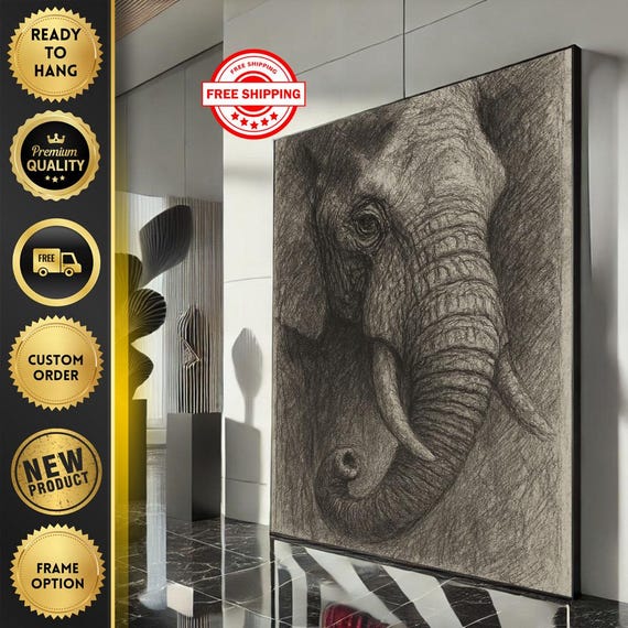 Majestic Elephant Portrait Canvas Wall Art Print Monochrome Living Room Decor Ready To Hang Statement Piece